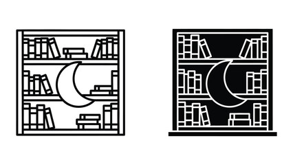 Contrast of illuminated and shadowed bookshelves with a crescent moon motif © JahidulStockk