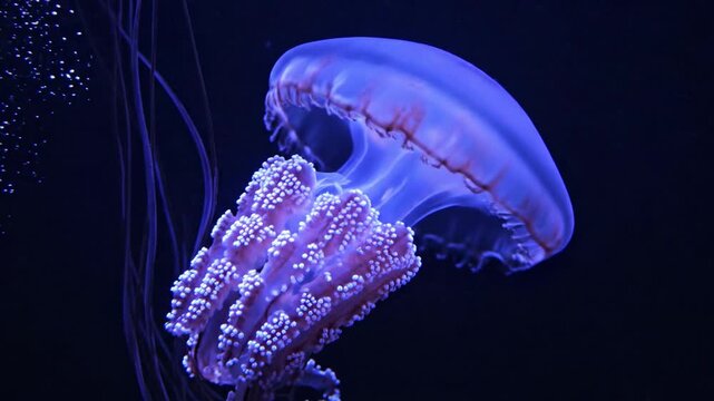 A glowing jellyfish floating gracefully in deep ocean water