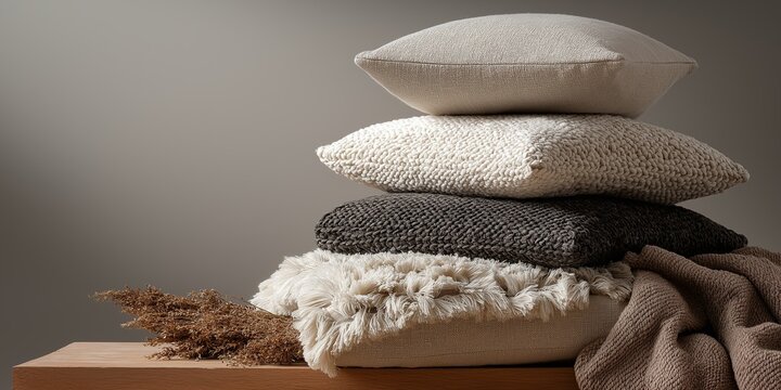 Stack of various textured decorative pillows and blankets with dried grass on a wooden shelf for modern rustic home interior styling and cozy atmosphere.