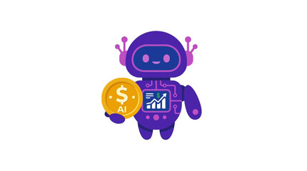 Fototapeta premium Cute AI robot holding a gold coin and displaying a growth chart on its chest, symbolizing artificial intelligence in finance.