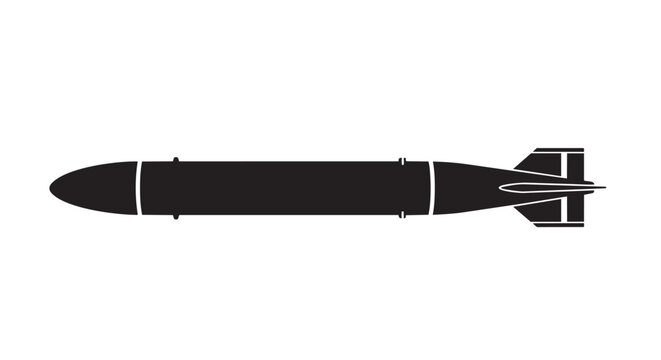 Black missile icon, vector bomb symbol, military explosive weapon, silhouette illustration