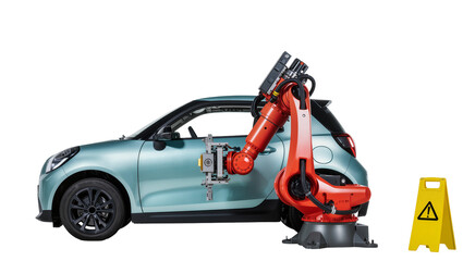 Naklejka premium Blue compact electric car alongside industrial robotic arm and caution sign