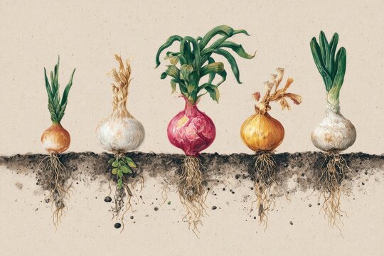 a detailed illustration of various onion stages from seed to maturity