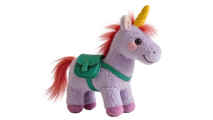 Purple plush unicorn toy with yellow horn and green backpack © Patricia
