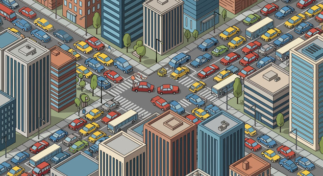 Isometric City Traffic Jam: Congested Intersection with Cars and Tall Buildings