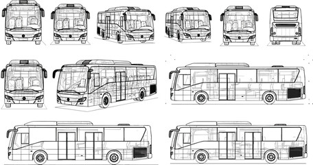 Various Views of a Modern Bus with Front, Side, and Rear Elevation in Black and White Technical Drawing © NURUL