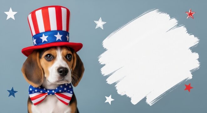 Patriotic beagle dog wearing Uncle Sam hat and bow tie, American Independence Day celebration banner, 4th of July pet portrait with copy space