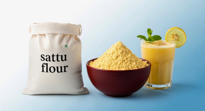  fabric bag of Sattu flour or besan flour, bowl with flour and Sattu drinks glass, for Traditional north Indian summer immunity booster drink, blue white gradient background   