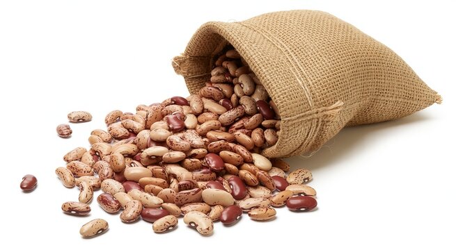 Burlap sack spilling pinto beans and kidney beans onto white background dried beans legumes