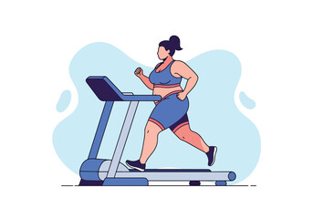 Fototapeta premium Flat style vector illustration of plus size woman running on treadmill, body positivity and inclusive fitness concept, healthy lifestyle workout in simple abstract background for wellness and training