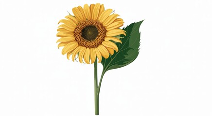 Fototapeta premium Single yellow sunflower with green leaf and stem on white background bloom blossom