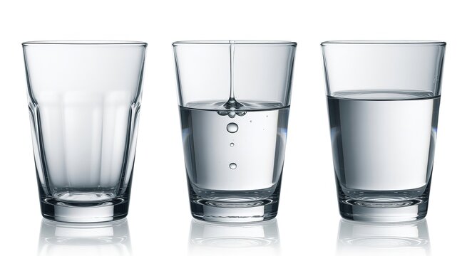Three clear glass tumblers one empty one with water drop and bubbles one half full of clear liquid image