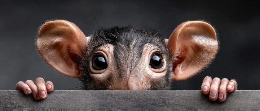 Close-up view of a monkey with big eyes and curious expression in high-definition with dark gray background showing fine fur details
