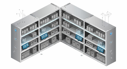 Obraz premium Isometric Smart Warehouse Illustration with Digital Inventory Tracking and Automated Storage Shelves for Modern Logistics and Supply Chain Management