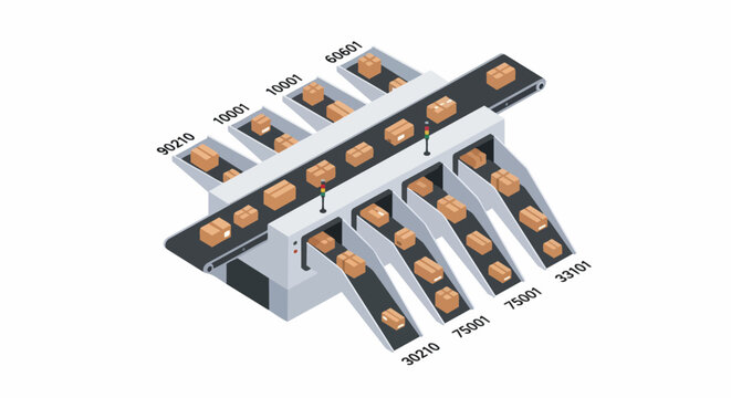 Isometric Automated Parcel Sorting System for Warehouse Logistics and E-commerce Shipping, Distribution Center Illustration with Cardboard Boxes and Zip Codes