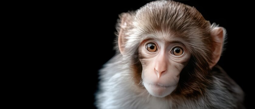 Cute monkey sitting still with big eyes and big ears in close view under studio lighting against black backdrop