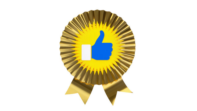 Golden rosette award with blue thumbs up icon