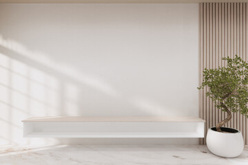 Fototapeta premium Shelf wall desigm on living room,Clean room wooden japanese minimalist room interior, 3D rendering