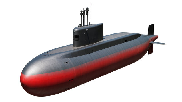 Red and gray modern submarine with fin and periscope detail