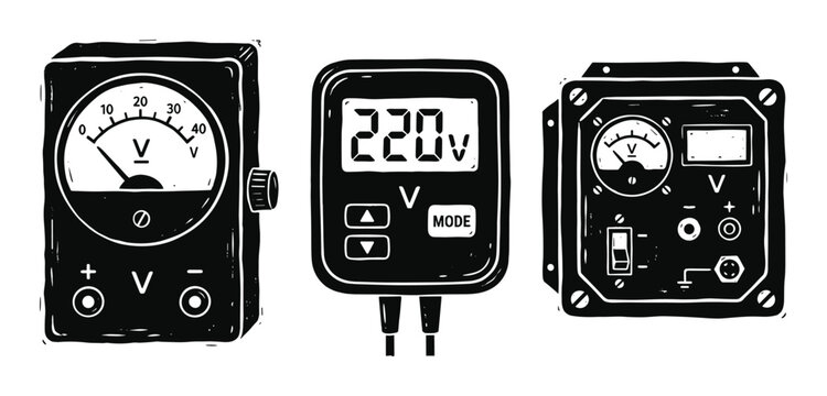 Three electrical measurement devices including voltmeters and a digital meter
