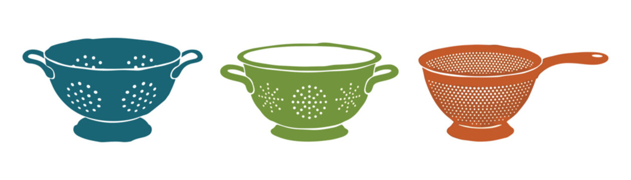 Three different style colander illustrations in blue green and terracotta colors for domestic cooking designs