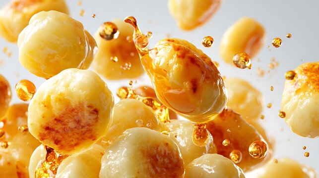 Golden potato gnocchi tossed in rich savory syrup, culinary photography dumplings glaze, floating, appetizing meal amber seared ingredients texture.