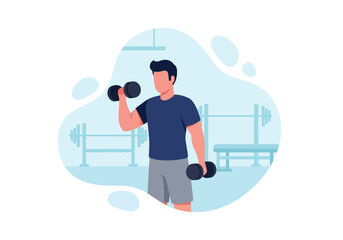 Flat style vector illustration of man lifting dumbbells, strength training and bodybuilding workout concept with healthy lifestyle isolated on minimal background © Amie