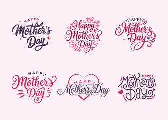 Hand drawn Happy Mother’s Day lettering set with hearts and floral accents  for greeting cards, t shirt designs, logos, and a complete typography bundle collection. © Md Hamim