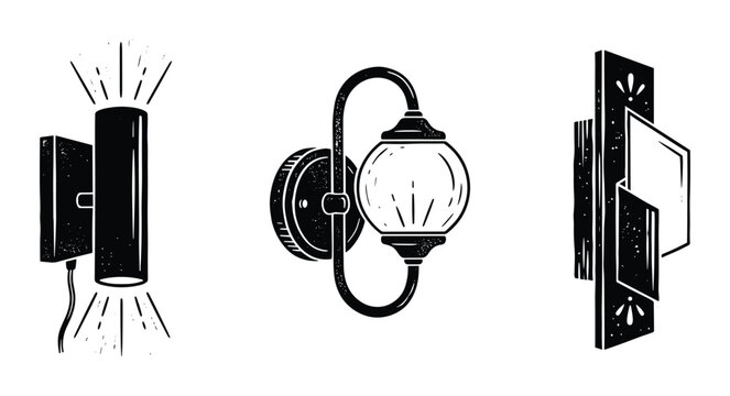 Wall sconce lighting fixture collection with glass globes and decorative brackets in black ink stamp style