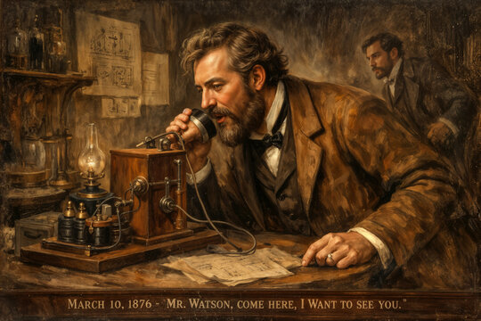March 10, 1876 historical recreation Alexander Graham Bell speaking first telephone words Mr Watson come here I want to see you Victorian workshop painting 150th anniversary telecommunications history