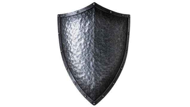 Medieval hammered steel shield with rivets and dark gray surface