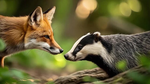 curious fox and badger interaction in forest wildlife