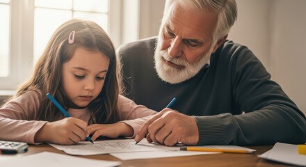 Fototapeta premium Senior grandfather teaching young granddaughter how to draw at home table