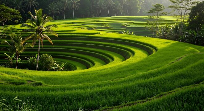 Lush green rice terraces curve dramatically, palm trees dot the landscape in an idyllic scene