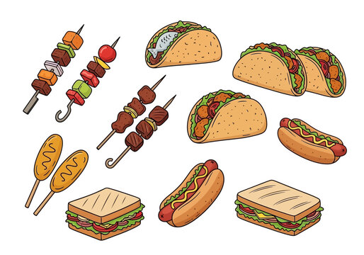 Tacos and various grilled foods are displayed on a plate outdoors.