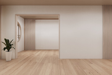 Obraz premium The Modern japandi style Clean room minimal with wood panels wall background 3D illustration rendering