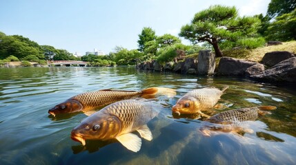 Fototapeta premium Koi fish swim in clear water with colors shining under sunlight in a traditional Japanese garden with rocks and moss
