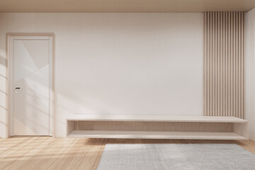 Fototapeta premium Small wall mounted storage cabinet on Empty room,Clean japanese minimalist room interior, 3D rendering
