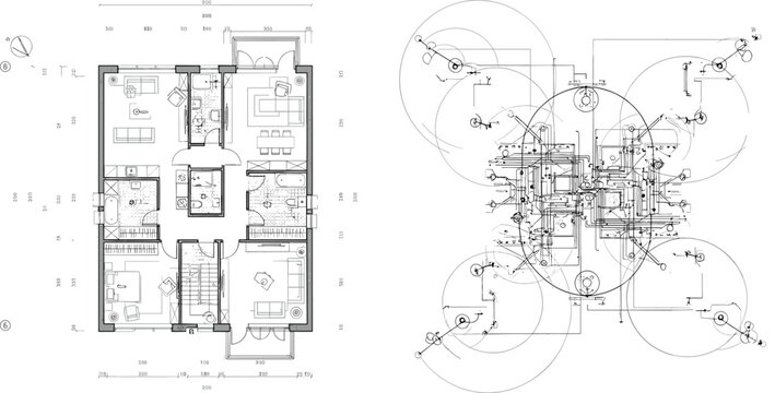 Detailed residential architectural floor plan alongside professional electrical lighting layout and ceiling fan installation schematic vector illustration