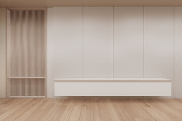 Fototapeta premium Clean Modern room, Mock up carpet on wooden floor on white wall decoration.3D rendering