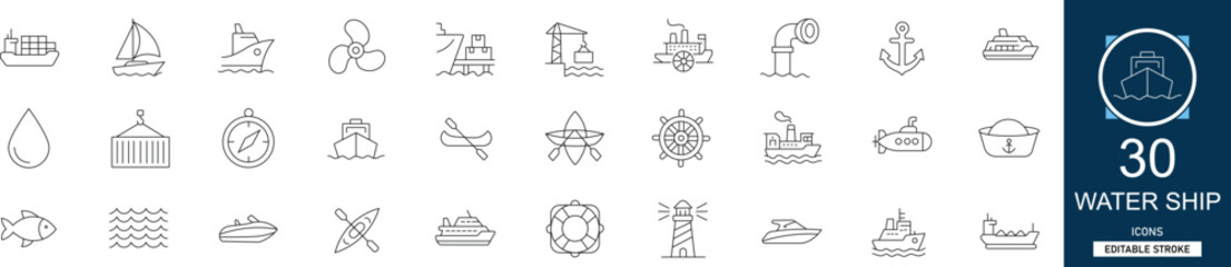 Water ship and maritime line icon set with 36 icons: ship, boat, vessel, cargo, anchor, navigation, ocean, transport. Clean linear vector, editable stroke for marine and port projects © Minimal Stroke