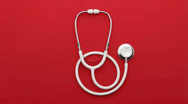 Professional white medical stethoscope resting centrally on a vibrant solid red background providing a clean minimalist concept for healthcare and clinical diagnostics