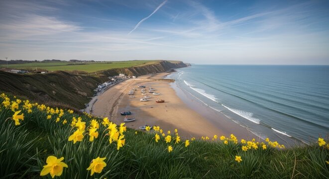 Spring daffodils on green cliffs overlooking beach and fishing boats