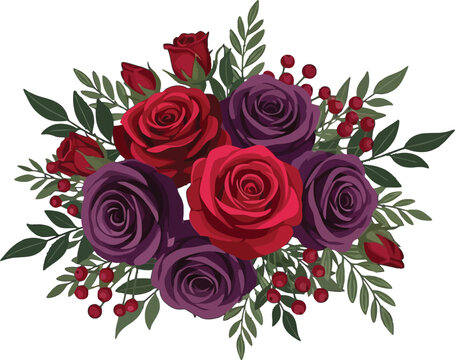 Beautiful red and purple rose bouquet vector illustration for greeting card design