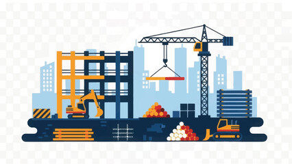 Fototapeta premium Urban Construction Site Illustration with Tower Crane, Building Development, and Heavy Machinery on Transparent Background