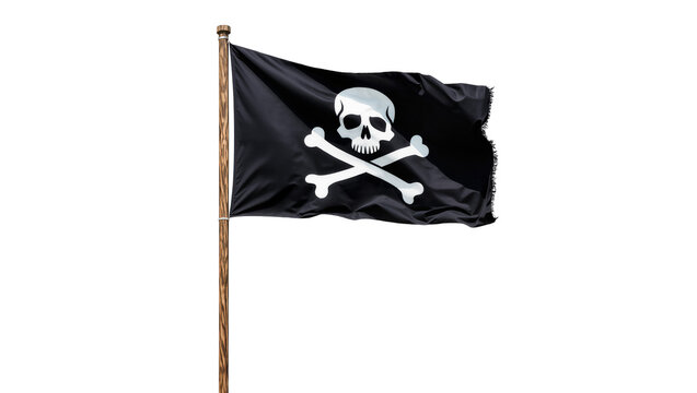 Black pirate flag with skull and crossbones design on wooden pole