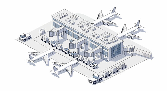 Isometric Airport Terminal Illustration with Airplanes, Jet Bridges, and Cargo Logistics Vehicles in Minimalist Line Art Style