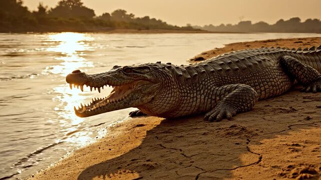 Gharial Basking on Sandy Riverbank at Sunset