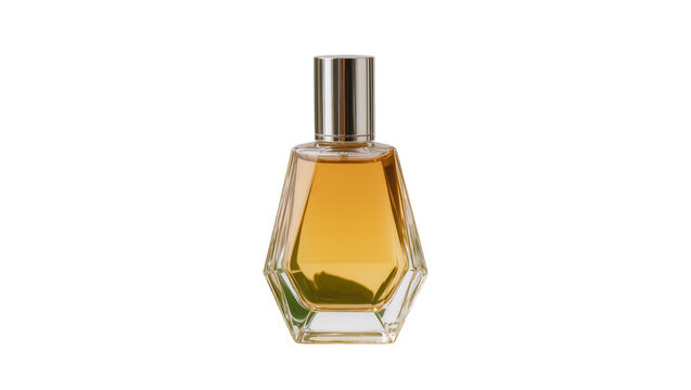 Geometric glass perfume bottle with amber liquid and silver cap