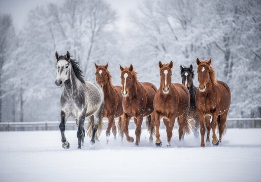 Majestic Horses Galloping Through Snow in Beautiful Winter Landscape
